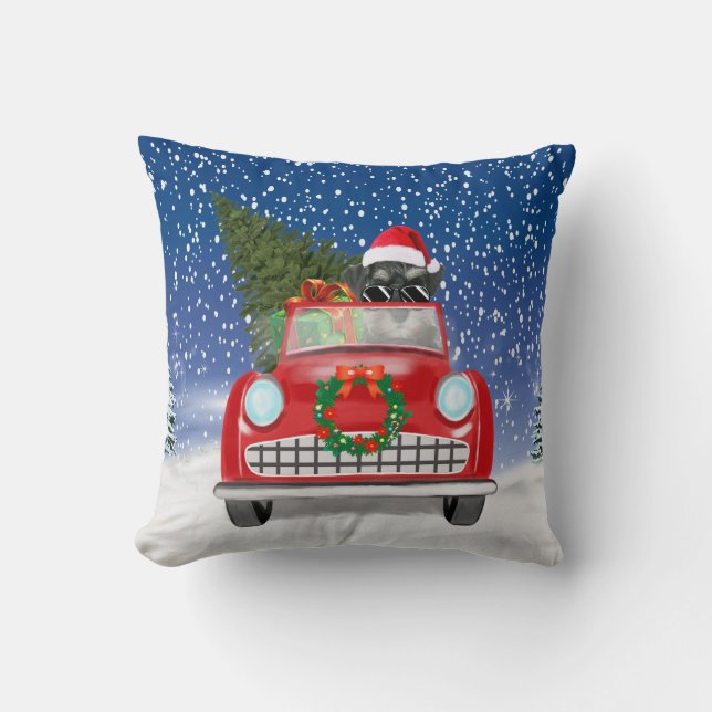 Schnauzer Dog Driving Car In Snow Christmas Cushion (Front)