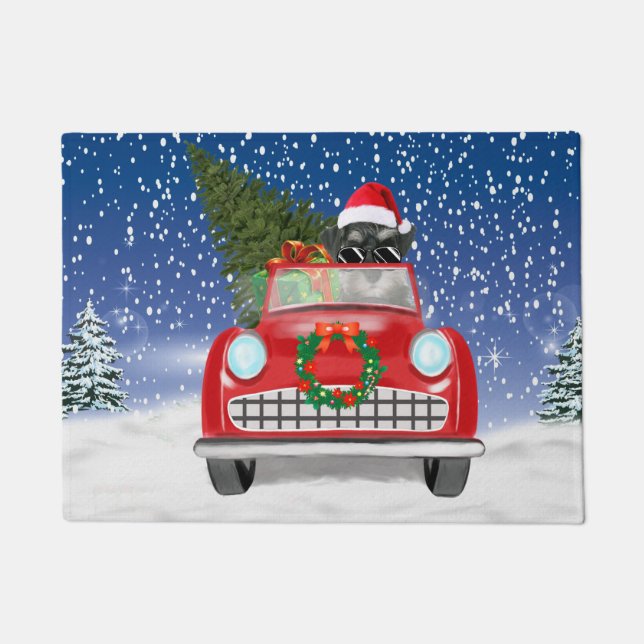Schnauzer Dog Driving Car In Snow Christmas  Doormat (Front)