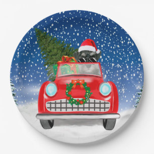 Schnauzer Dog Driving Car In Snow Christmas  Paper Plate