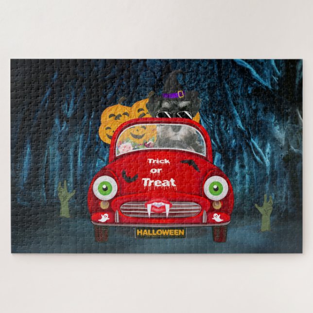 schnauzer Dog Driving Car Scary Halloween  Jigsaw Puzzle (Horizontal)