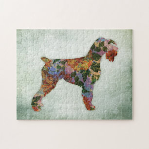 Schnauzer Dog Floral On Green Jigsaw Puzzle