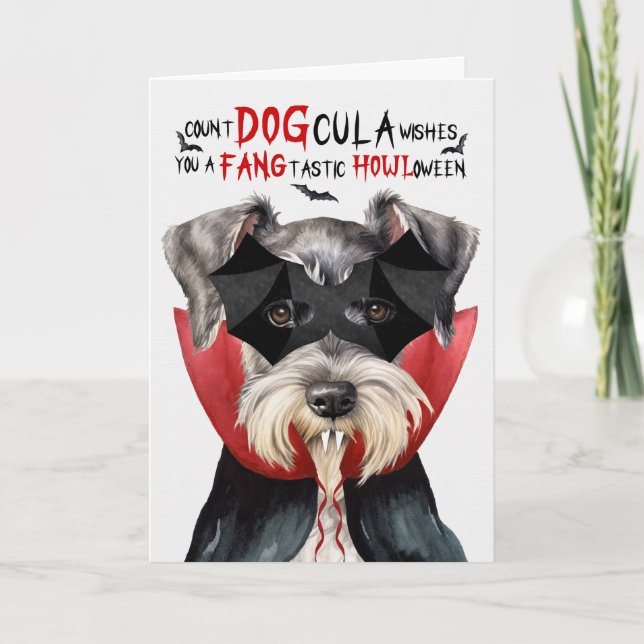 Schnauzer Dog Funny Count DOGcula Halloween Holiday Card (Front)