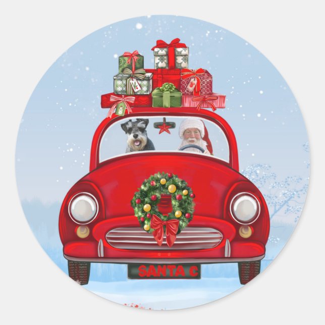 schnauzer Dog In Car With Santa Claus  Classic Round Sticker (Front)