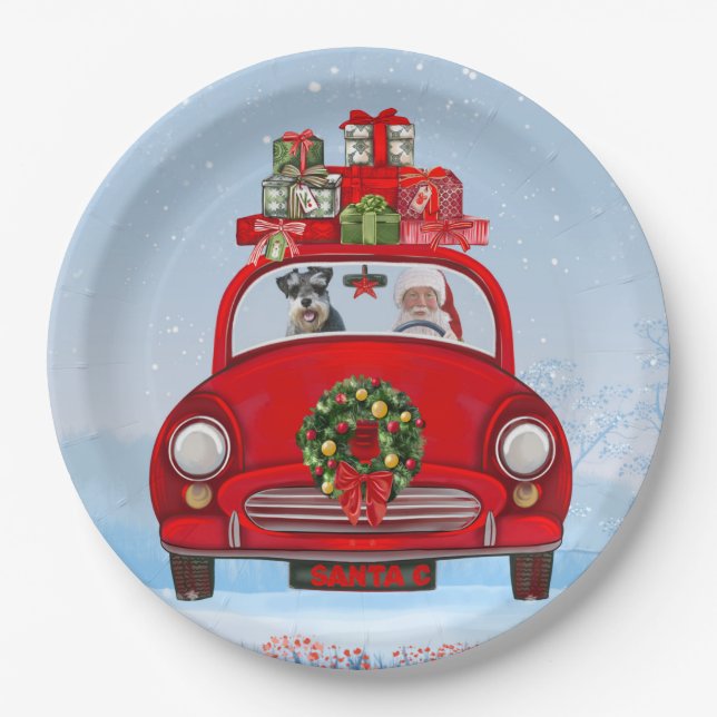 schnauzer Dog In Car With Santa Claus Paper Plate (Front)