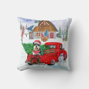 Schnauzer Dog In Christmas Delivery Truck Snow Cushion