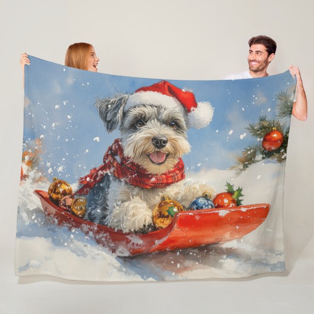 Schnauzer Dog in Sledge Let it Snow Christmas Fleece Blanket (In Situ)