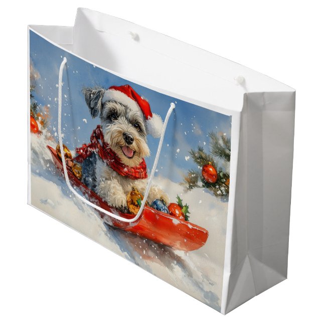 Schnauzer Dog in Sledge Let it Snow Christmas Large Gift Bag (Front Angled)