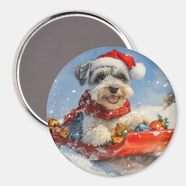 Schnauzer Dog in Sledge Let it Snow Christmas Magnet (Front/Back)