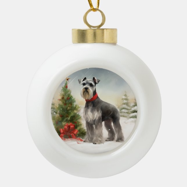 Schnauzer Dog in Snow Christmas Ceramic Ball Christmas Ornament (Front)