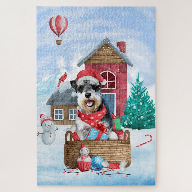 Schnauzer Dog In snow Christmas Dog House Jigsaw Puzzle (Vertical)
