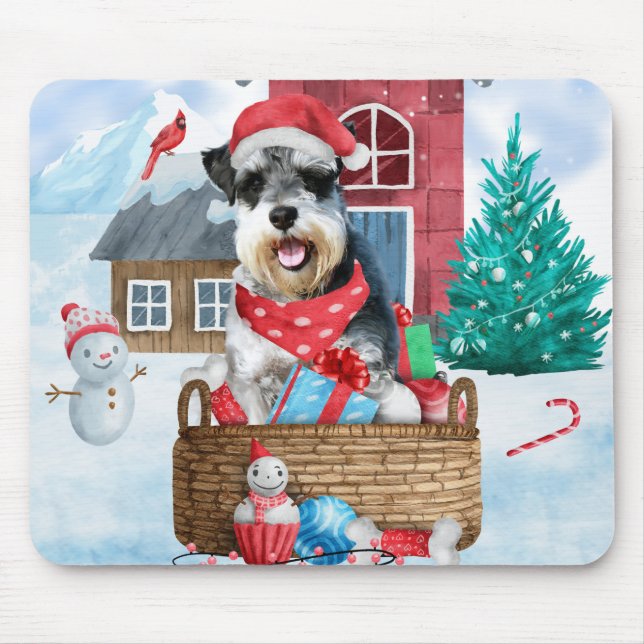 Schnauzer Dog In snow Christmas Dog House Mouse Pad (Front)