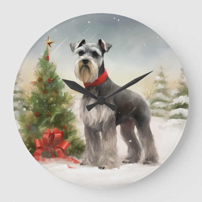 Schnauzer Dog in Snow Christmas Large Clock (Front)