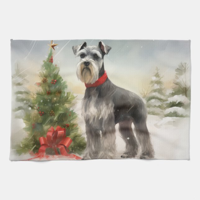 Schnauzer Dog in Snow Christmas Tea Towel (Horizontal)