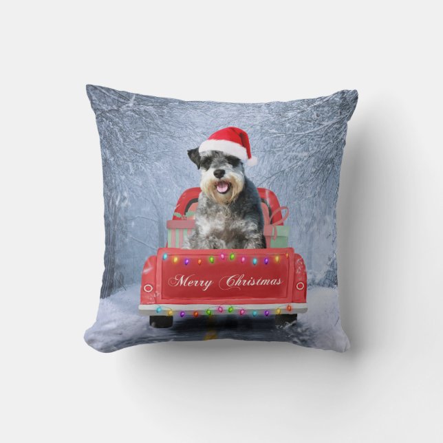  Schnauzer Dog in Snow sitting in Christmas Truck  Cushion (Front)