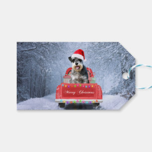 Schnauzer Dog in Snow sitting in Christmas Truck Gift Tags