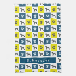 Schnauzer Dog & Paw Yellow & Blue Grid Tea Towel