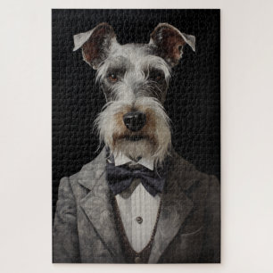 Schnauzer Dog Portrait Grey Suit Bow Tie Jigsaw Puzzle