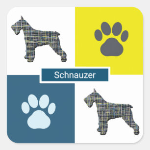 Schnauzer Dog Silhouette & Paw Print Y&B Grid Square Sticker