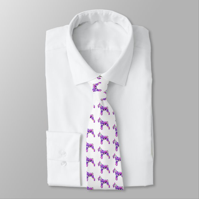 Schnauzer Dog Silhouette Purple PY&B White Neck Tie (Tied)