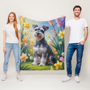 Schnauzer Dog Spring Flowers Painting Fleece Blanket