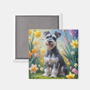 Schnauzer Dog Spring Flowers Painting Magnet
