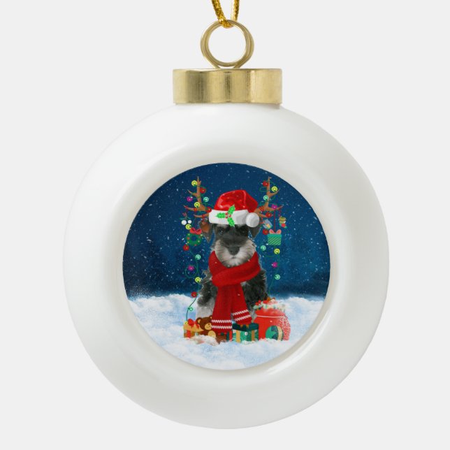 Schnauzer dog with Christmas gifts Ceramic Ball Christmas Ornament (Front)