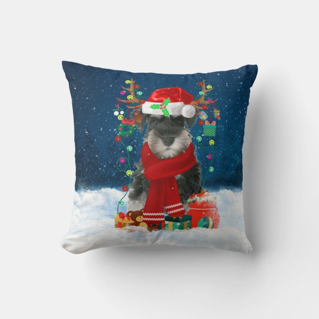 Schnauzer dog with Christmas gifts Cushion (Front)