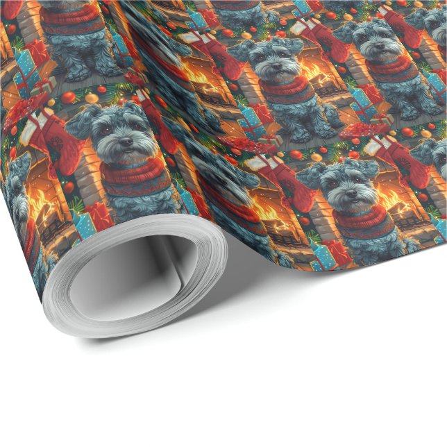 Schnauzer Dog With Christmas Gifts Fireplace Wrapping Paper (Roll Corner)