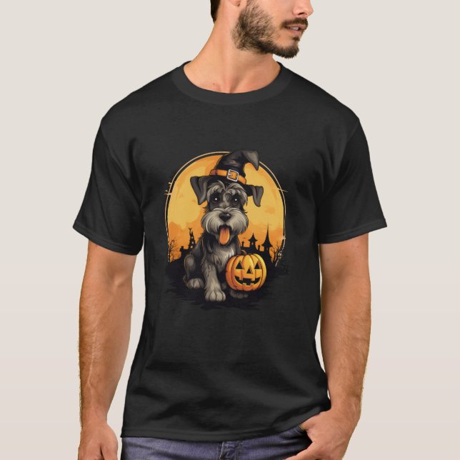 Schnauzer Dog with Jack O lantern Pumpkin Hallowee T-Shirt (Front)