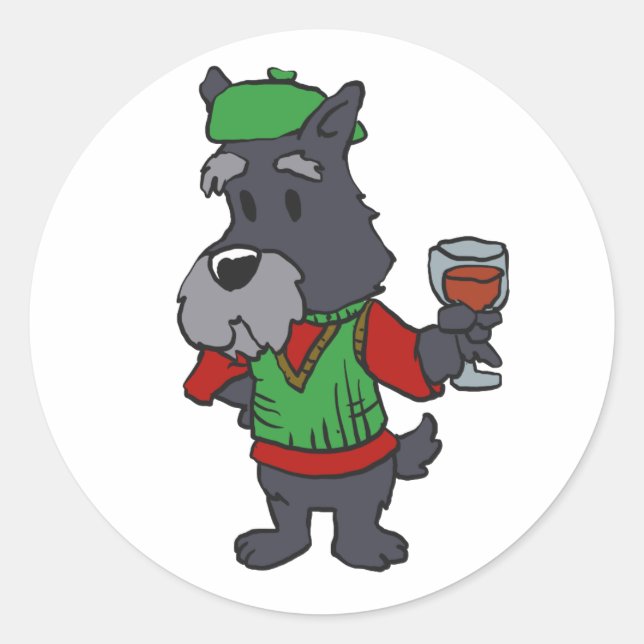 Schnauzer drinking a juice | choose back colour classic round sticker (Front)