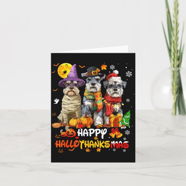 Schnauzer Happy Hallothanksmas Dog Lover Christmas Card (Front)
