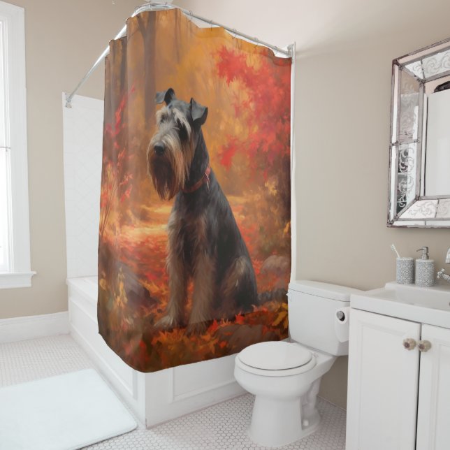 Schnauzer in Autumn Leaves Fall Inspire Shower Curtain (In Situ)