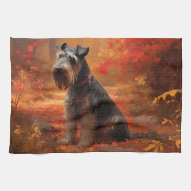 Schnauzer in Autumn Leaves Fall Inspire Tea Towel (Horizontal)
