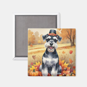 Schnauzer In Autumn Leaves Thanksgiving Art Magnet