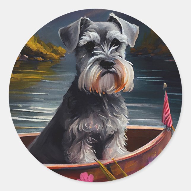 Schnauzer on a Paddle: A Scenic Adventure Classic Round Sticker (Front)