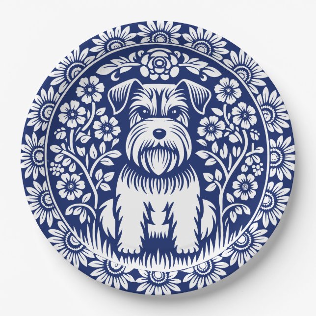 Schnauzer or Norfolk Terrier Charming Folk Art Paper Plate (Front)