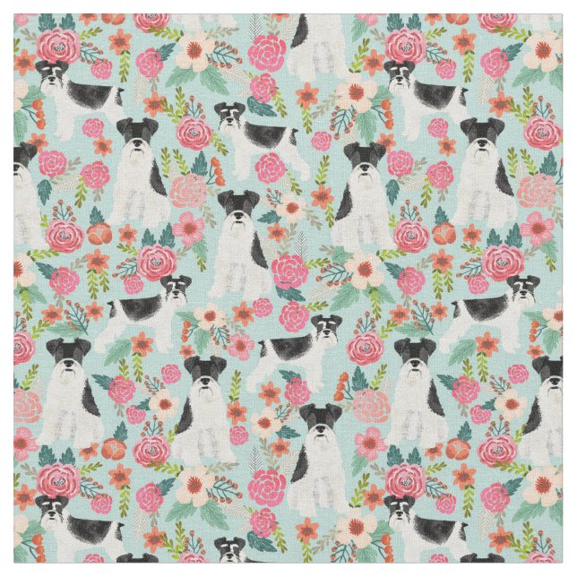 schnauzer parti vintage florals mint fabric (Close Up)
