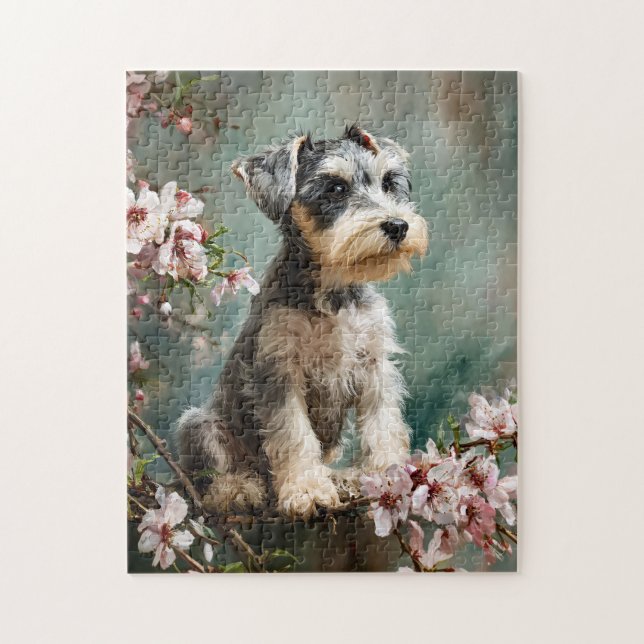 Schnauzer Puppy Among Spring Cherry Blossoms Jigsaw Puzzle (Vertical)