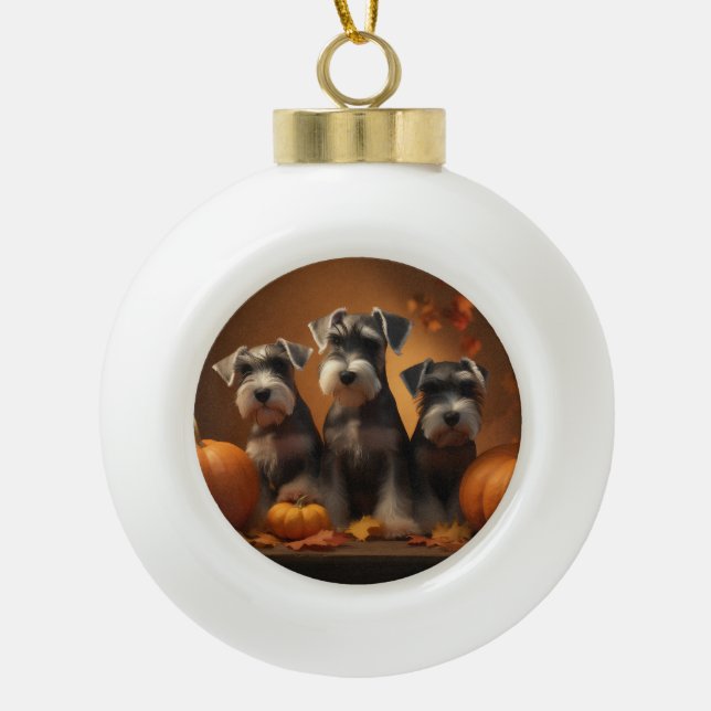 Schnauzer Puppy Autumn Delight Pumpkin  Ceramic Ball Christmas Ornament (Front)