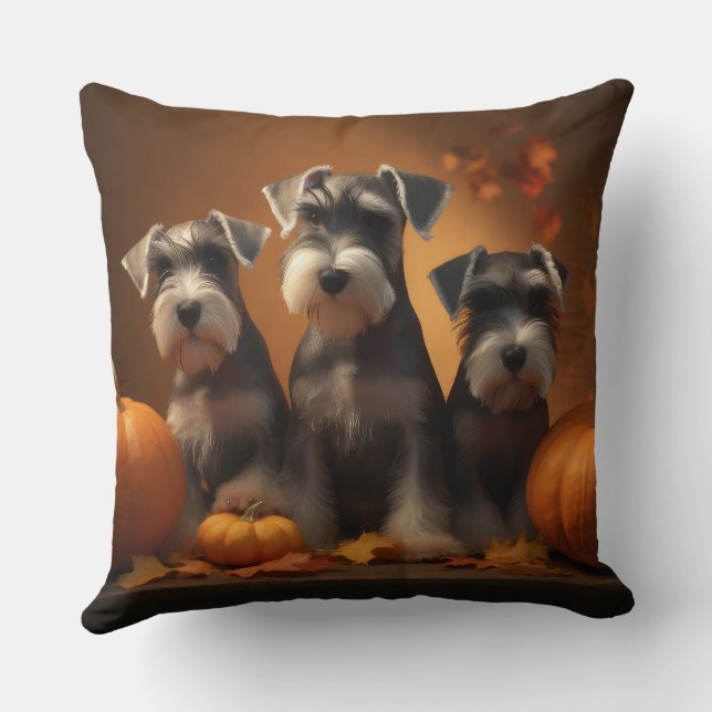 Schnauzer Puppy Autumn Delight Pumpkin  Cushion (Back)