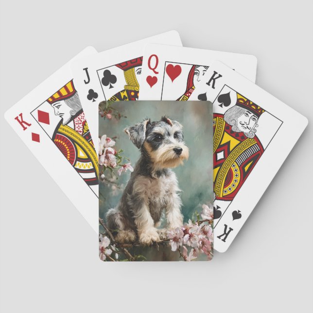 Schnauzer Puppy Spring Cherry Blossoms Playing Cards (Back)