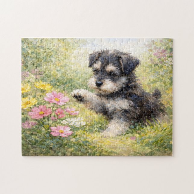 Schnauzer Puppy Springtime Flowers Jigsaw Puzzle (Horizontal)