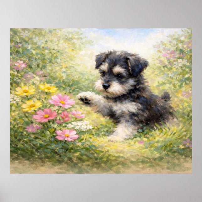 Schnauzer Puppy Springtime Flowers Poster (Front)