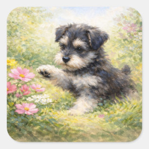 Schnauzer Puppy Springtime Flowers Square Sticker