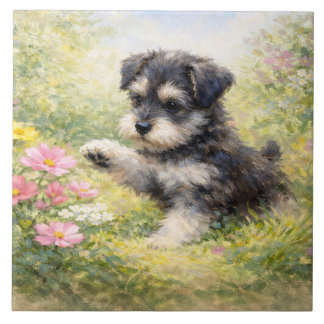 Schnauzer Puppy Springtime Flowers Tile