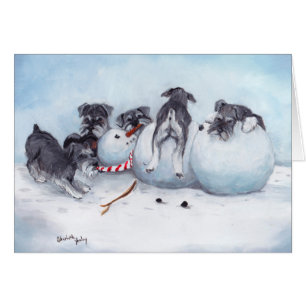Schnauzer Pups with Snowman Dog Art Greeting Card