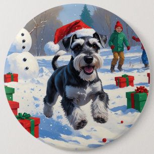 Schnauzer Running in Snow with Christmas Hat 6 Cm Round Badge