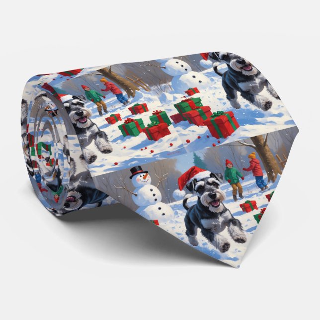 Schnauzer Running in Snow with Christmas Hat Tie (Rolled)