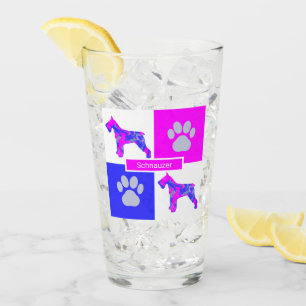 Schnauzer Silhouette Dog & Paw Pink Blue Square Glass
