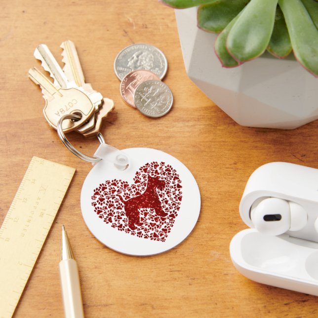 Schnauzer Silhouette Heart Paws Print - Dog Lover Key Ring (Desk)